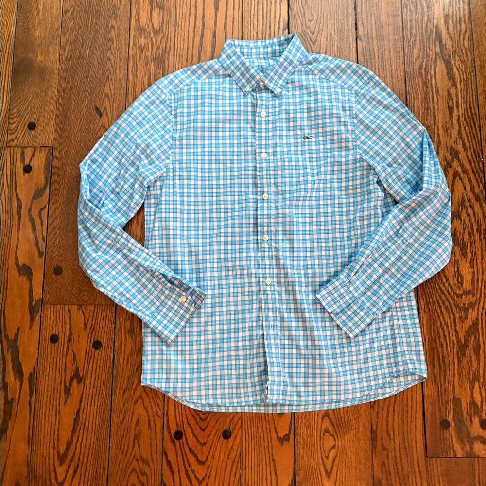 Vineyard Vines Performance Men's Blue, white & Teal Plaid Button-Down Shirt